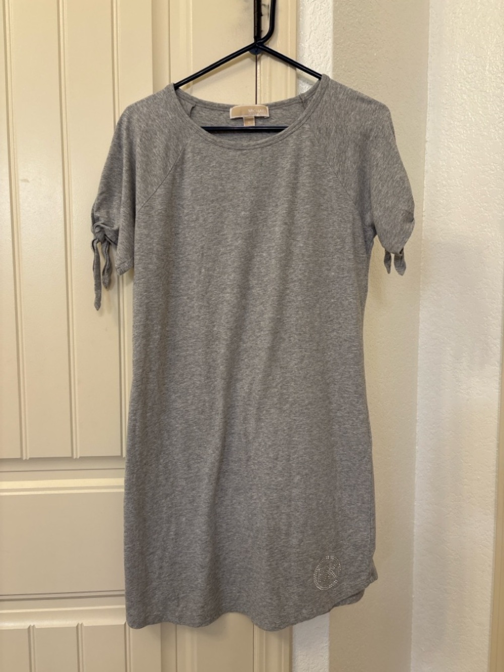 Michael Kors Gray T Shirt Dress Medium MK Logo Rhinestone Casual Knit Dress